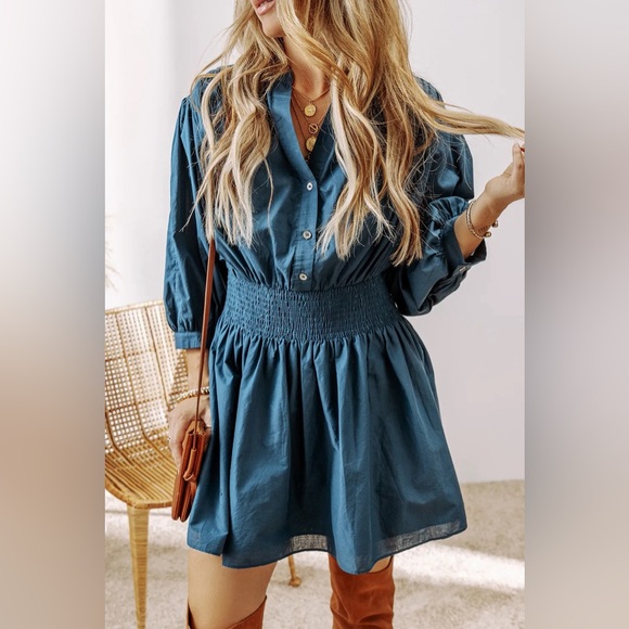 Dresses & Skirts - Smocked Half Button Three-Quarter Sleeve Mini Dress